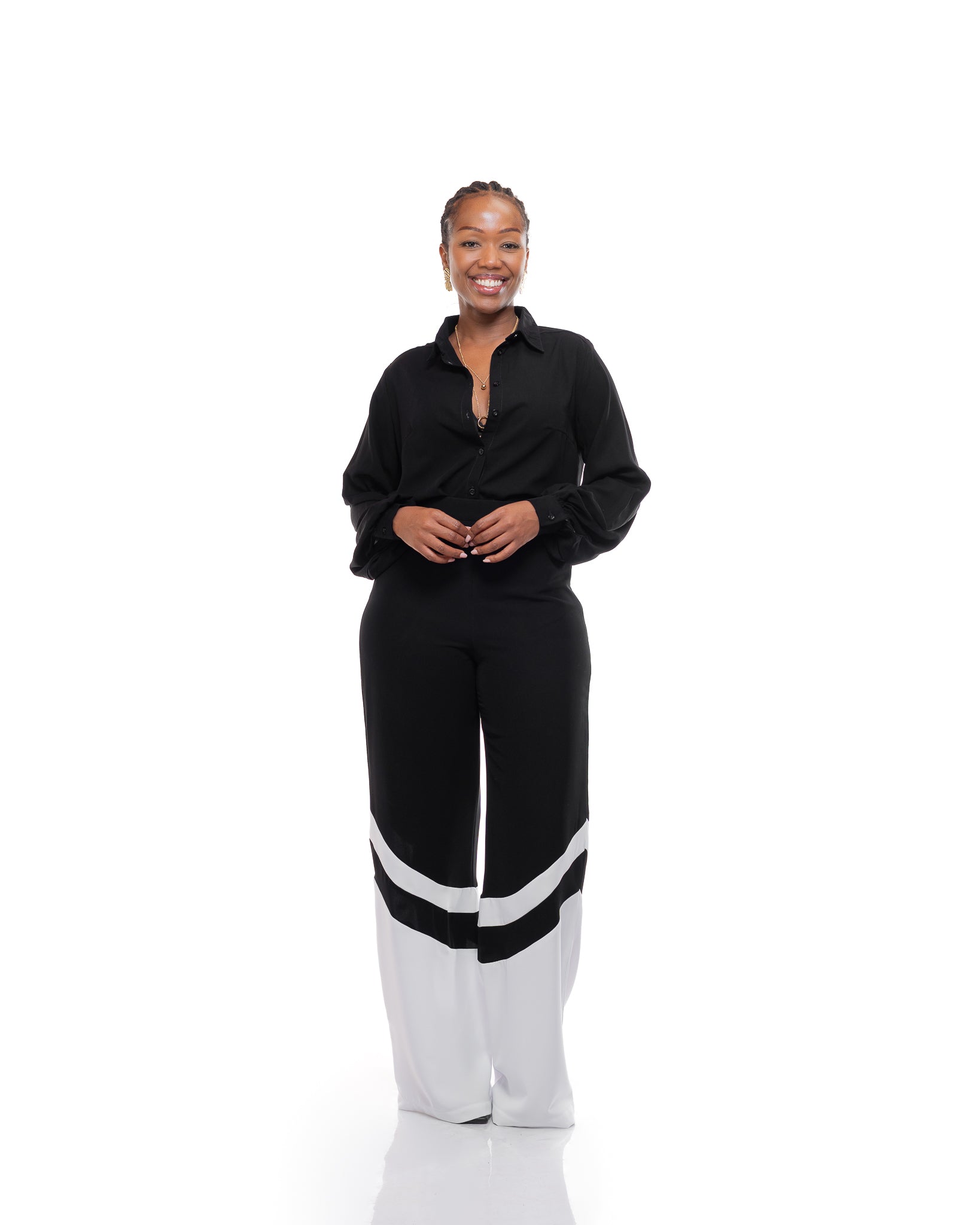 Fluid Wide Leg Two-Tone Pants In Black